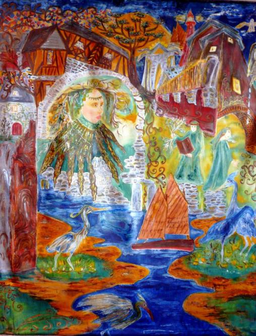 Oeuvre bretonne sur soie sauvage. 104 cm x 123 cm.