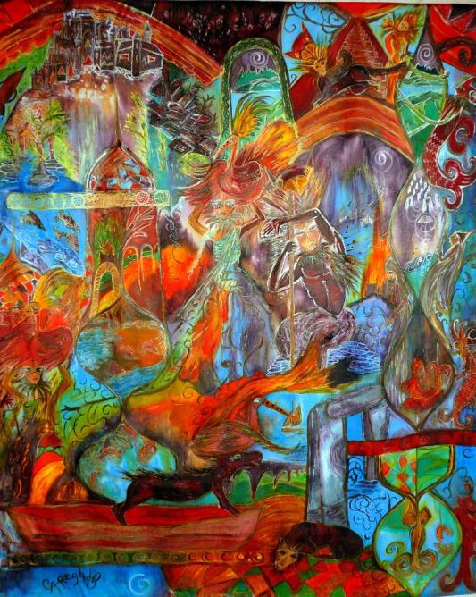 Oeuvre ExotiKelt sur soie sauvage. 128 cm x 112 cm.